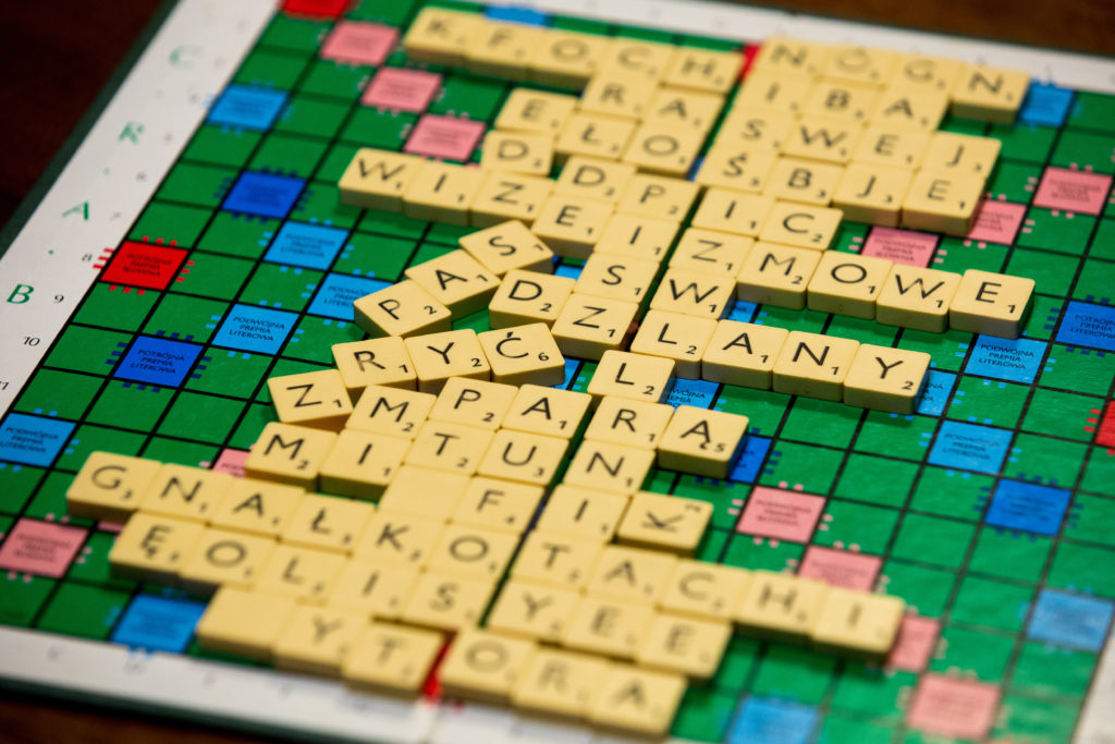In this photo illustration a close-up of Scrabble board game