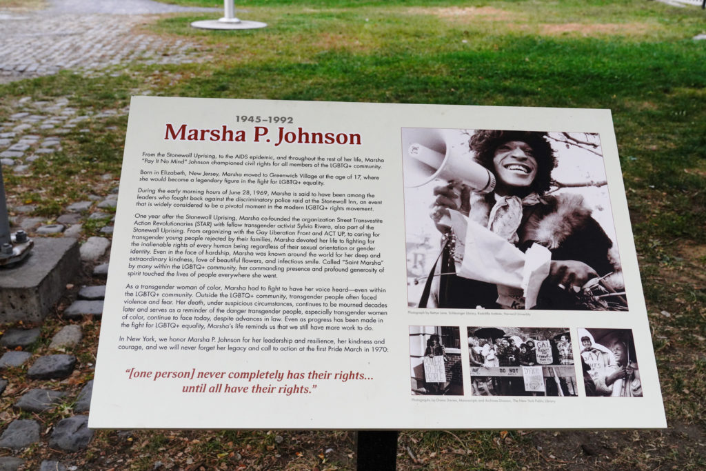 A view of an information plaque at the Marsha P. Johnson