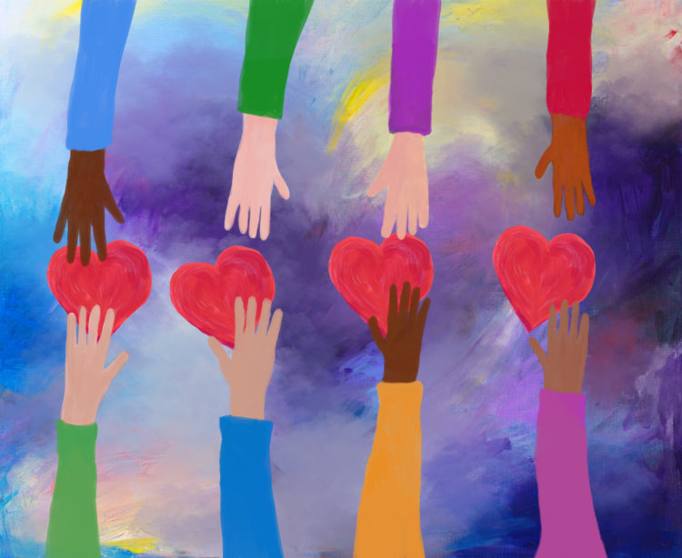 Acrylic painting of hands giving and receiving red hearts. Concept of love and care. friendship, charity and volunteering. Acrylic painting and dig...