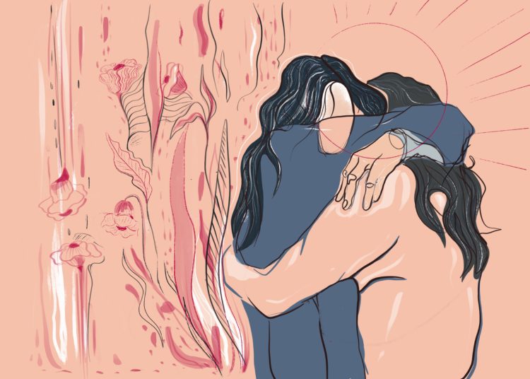 Illustration of the emotional moment between two hugging friends. Friends and Family Support. A young woman comforts her best friend from stress an...