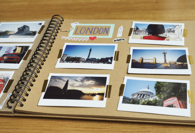 UK, London, photo display of London taken on instant film in a scrapbook
