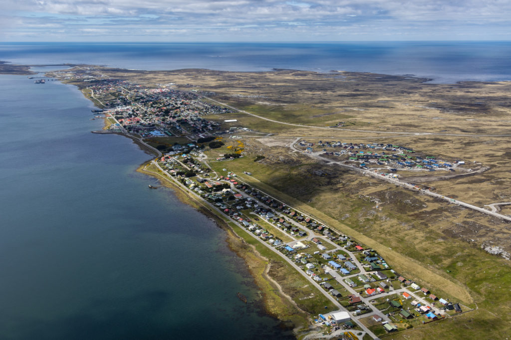 Aerial view of Stanley in the Falkland Islands. Stanley