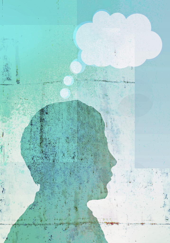 A faceless man with an empty thought bubble