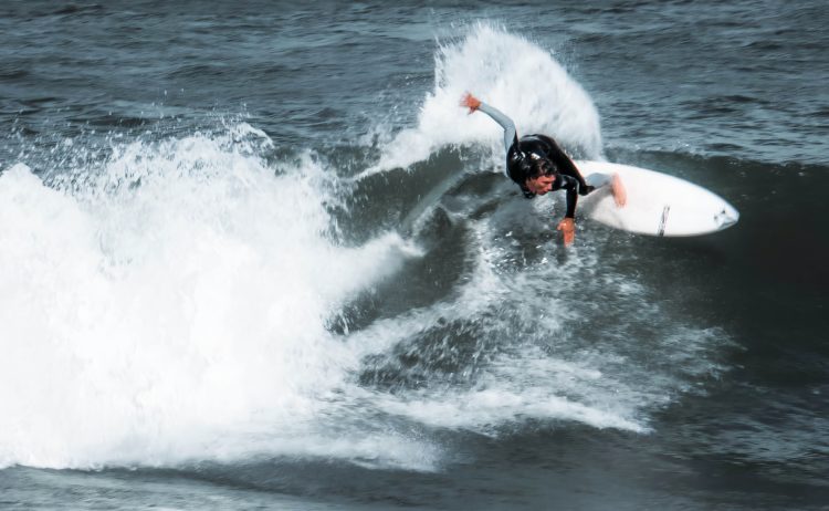Will Bailey Team Volcom surfer, surfing in North Devon on Pyzel surfboard with FCS fins.