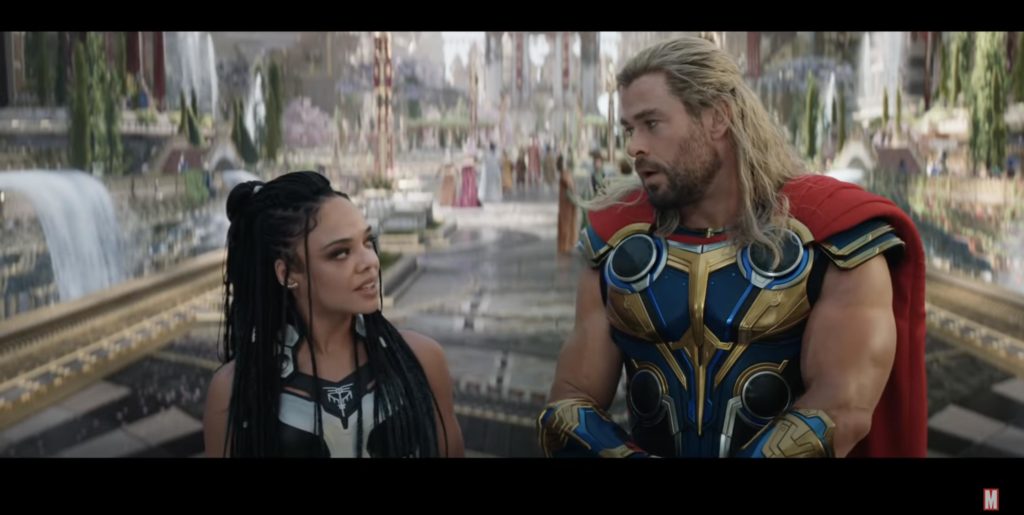 Tessa Thompson and Chris Hemsworth in Thor: Love and Thunder