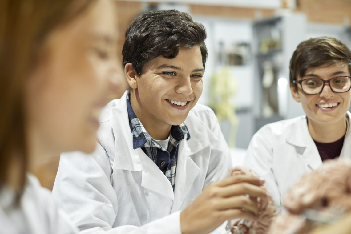 Confident young man holding human brain during anatomy class. Smiling male and female medical students are studying neuroscience. They are in unive...