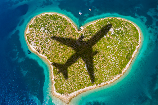Aerial view of Galesnjak island or Island of Love, Croatia. The famous island in Croatia, shaped like a heart. This is best seen from the air.