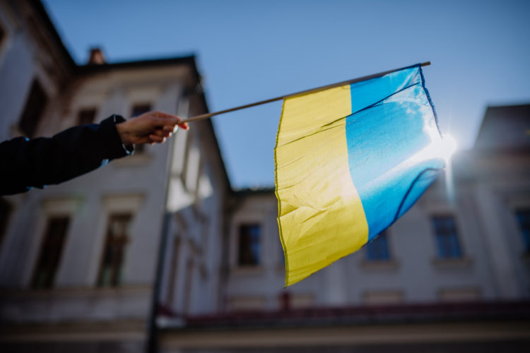 Street protest against war in Ukraine in town square.