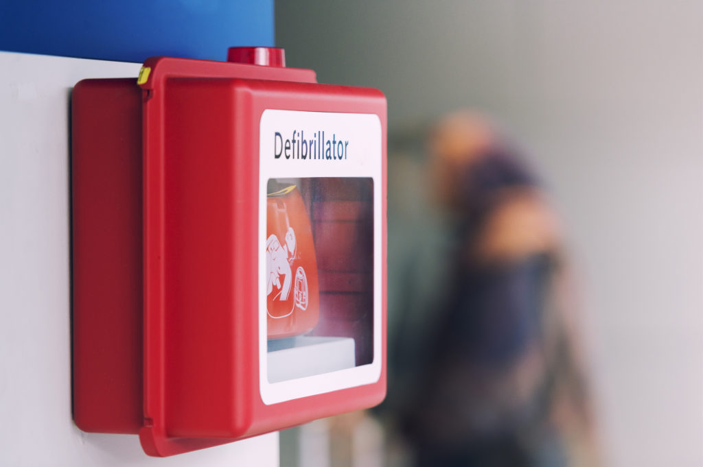 Defibrillator hanging on the wall