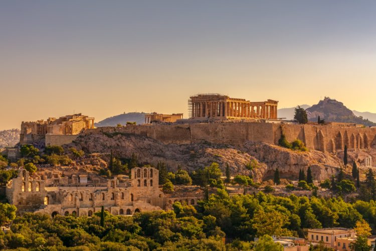 View of Acropolis of Athens with Parthenon and Erechtheion from Filopappou hill. Herodium, Lycabettus and Acropolis of Athens view from Filopappou ...