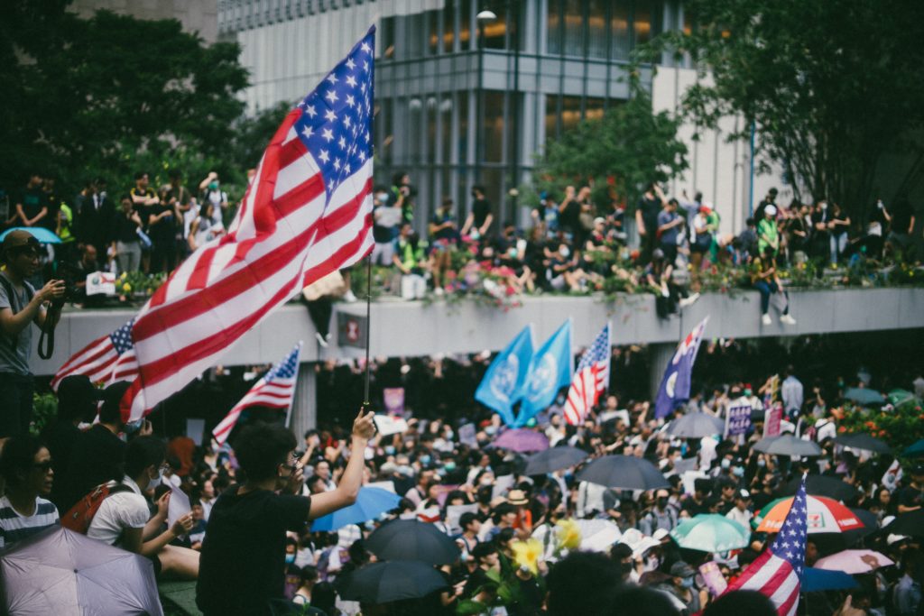 Tens of thousands of protesters waving US flags marched on Hong Kong's US Consulate to call for help from the Trump administration in ending a three-month confrontation with the government, calling for the passing of the proposed "Hong Kong Human Rights and Democracy Act 2019" by the US Congress - 8th September 2019