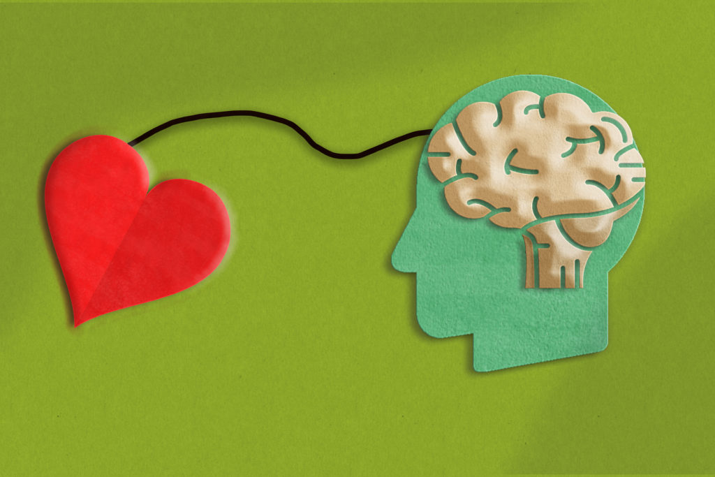 brain and red heart connected.Emotional intelligence concept in paper cut in green background