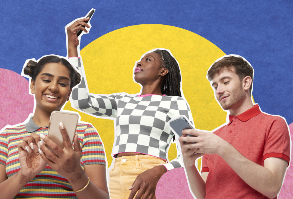 Collage of a group of people using smart phones on colourful background