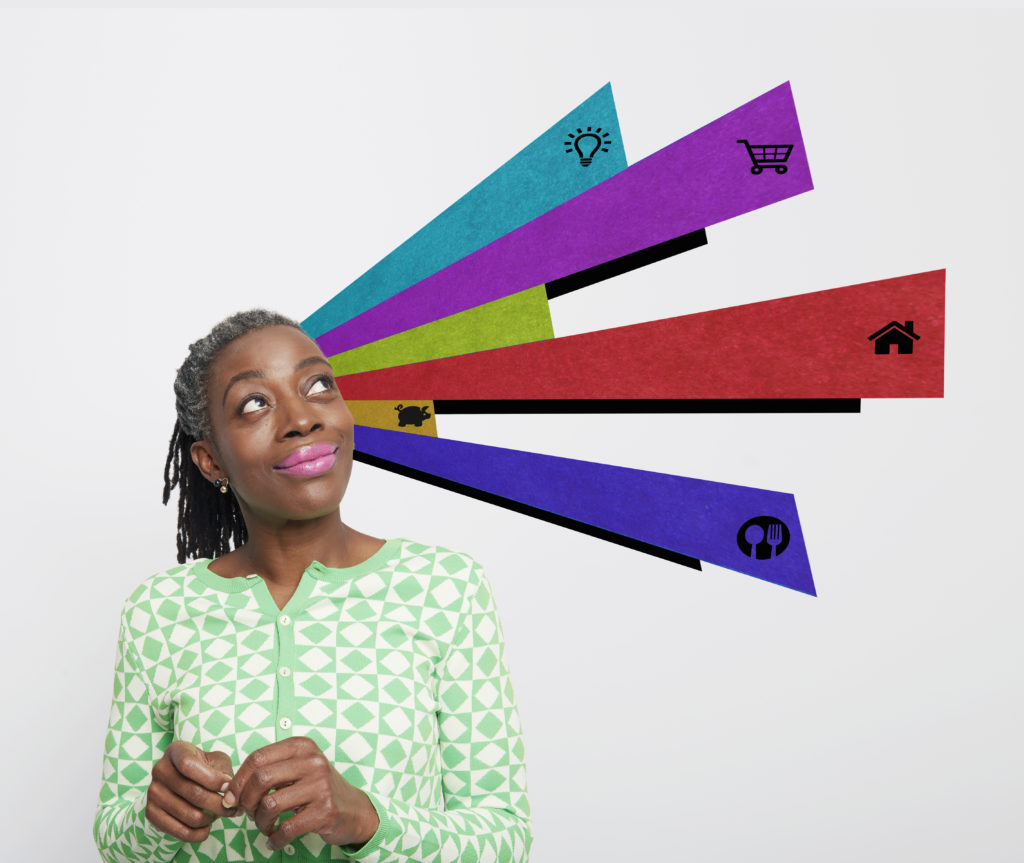 Portrait of a mature woman with financial planning graphics surrounding her