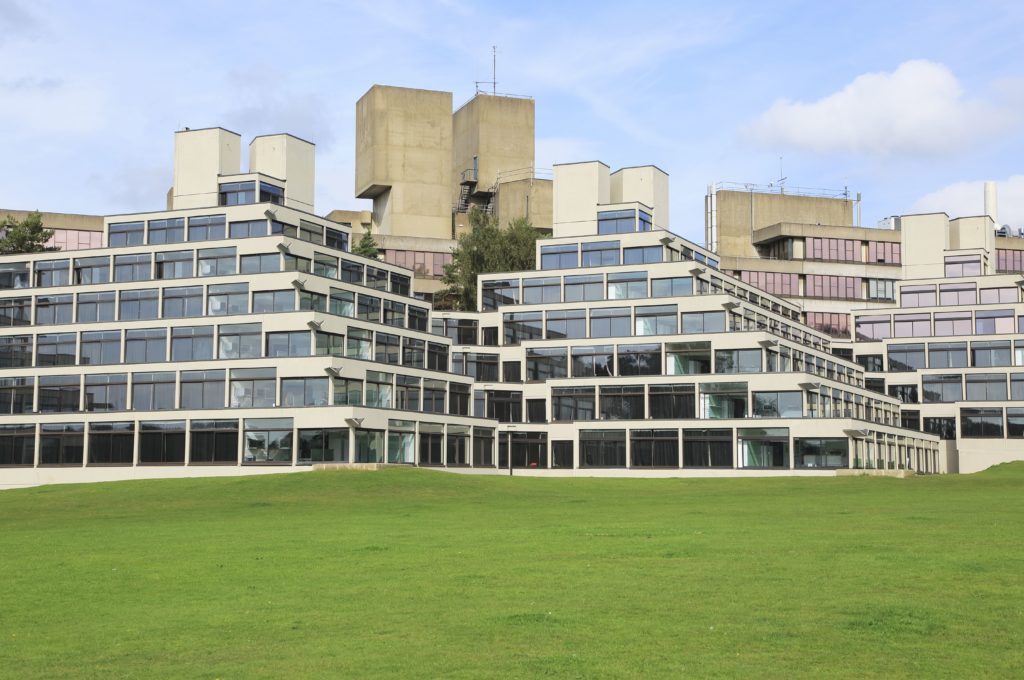 Student accommodation buildings known as Ziggurats, campus of University of East Anglia, Norwich, Norfolk, England, UK