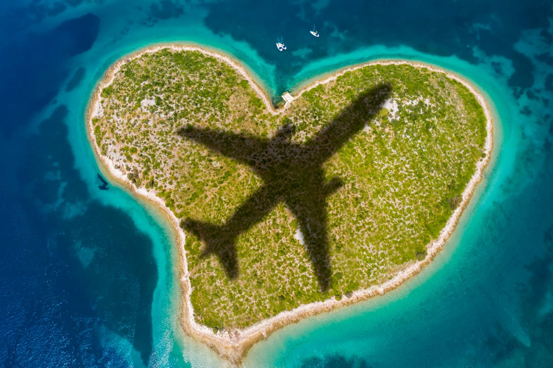 Aerial view of Galesnjak island or Island of Love, Croatia. The famous island in Croatia, shaped like a heart. This is best seen from the air.
