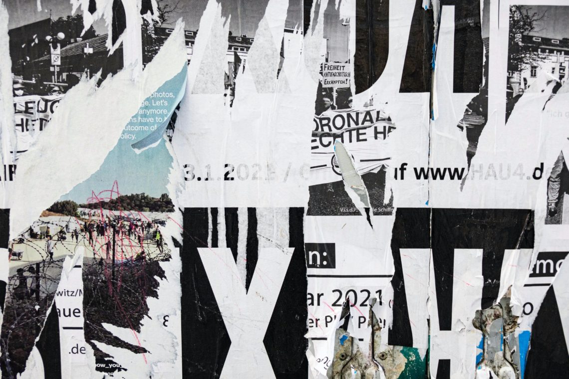 black and white collage with fractured text