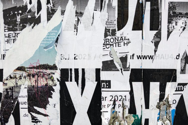 black and white collage with fractured text
