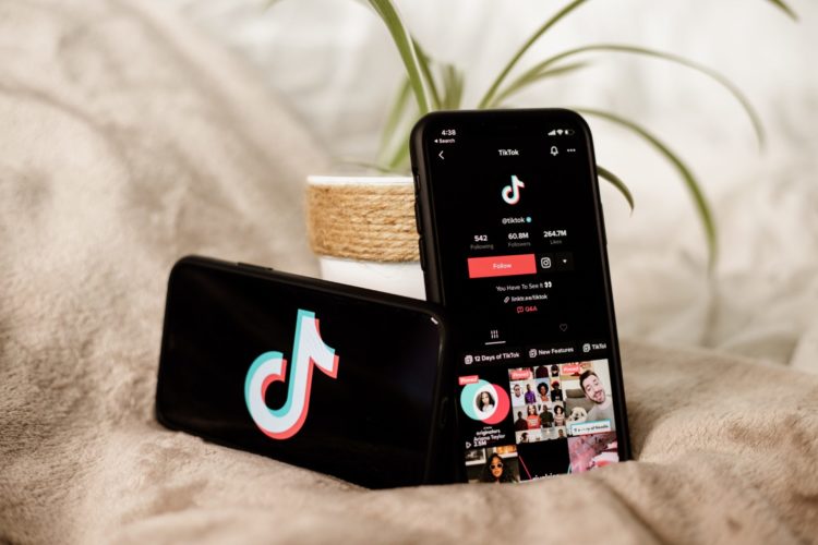 Two phones balanced on a plant pot. One is landscape displaying tiktok logo, the other upright displaying tiktok profile