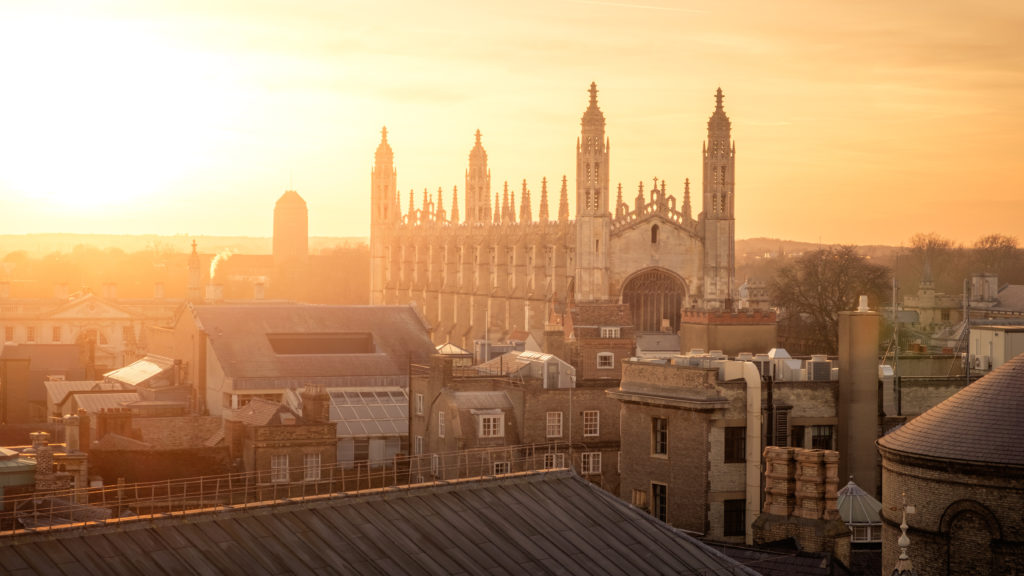 The buildings of Cambridge during a sunset, with King's College in the middle