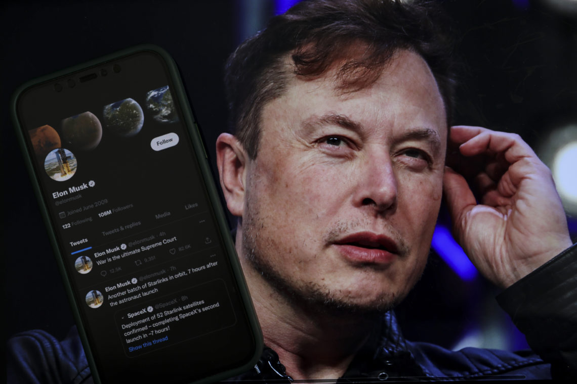 ANKARA, TURKIYE - OCTOBER 06: In this photo illustration, Elon Musk's twitter profile is displayed on a mobile phone and the image of him is seen o...