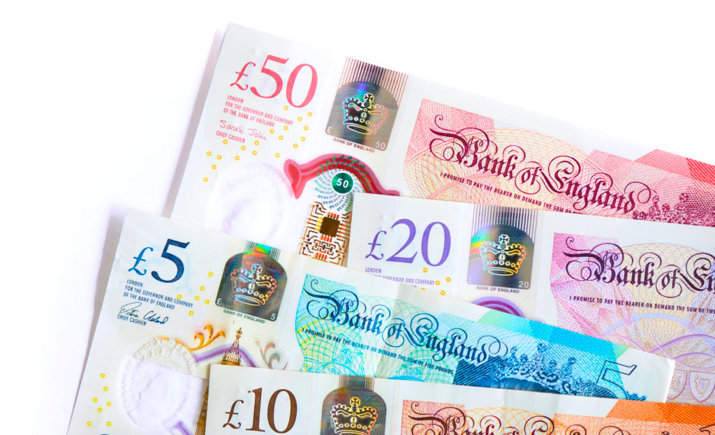 (T-B) £10 note, £5 note, £20 note, £50 laid out on white background