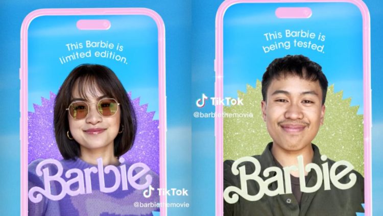 Two screenshots side by side. One girl facing camera in purple outfit, one boy facing camera in green, both using Barbie selfie generator