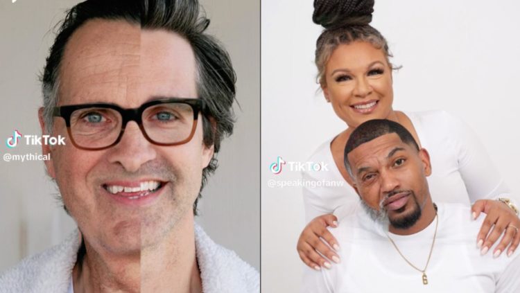 Two screenshots next to each other. (l-r) a man whose face is half old and hang young with lack hair and wearing couples. Next, a woman looking old...
