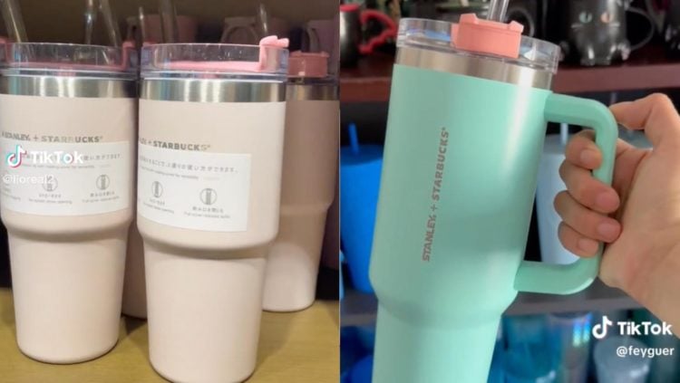 Two screenshots side by side. (L-R) Light pink stanley x starbucks cup with sip lid, green starbucks x stanley cup with straw and handle