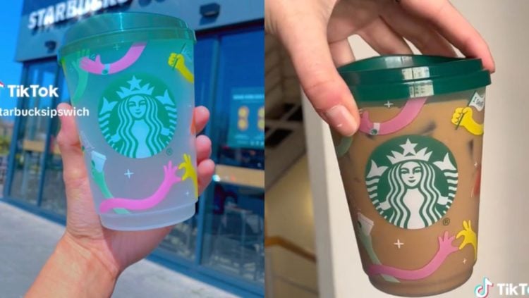 Two TikTok screenshots side by side (L-R) New starbucks cup held to camera in front of store on sunny day, new Starbucks cup held from top against ...