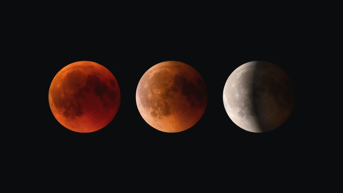 three phases of a lunar eclipse side by side against black background