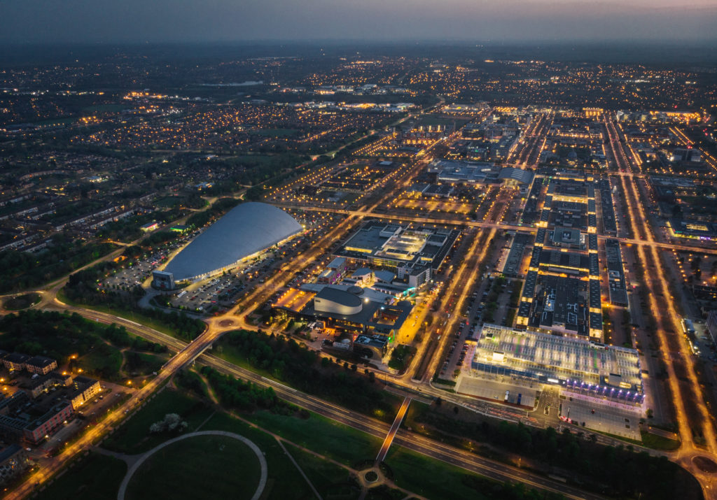 High angle view of Northampton skyline at night time
