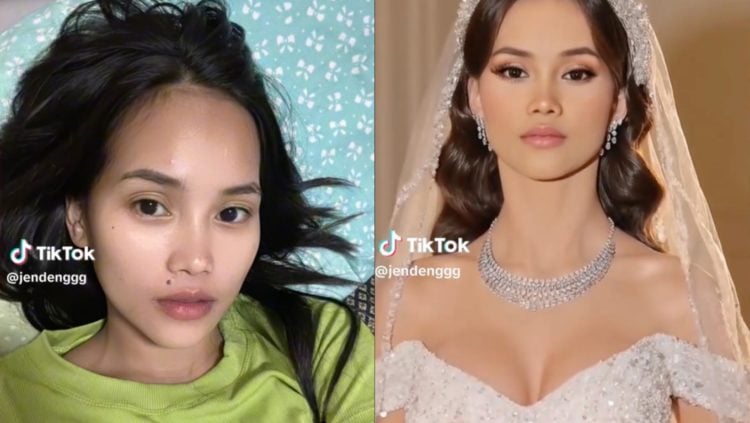 Two TikTok screenshots side by side. (l-r) girl lying againt blue and white patterned pillow in green top holding phone above face next to same gir...