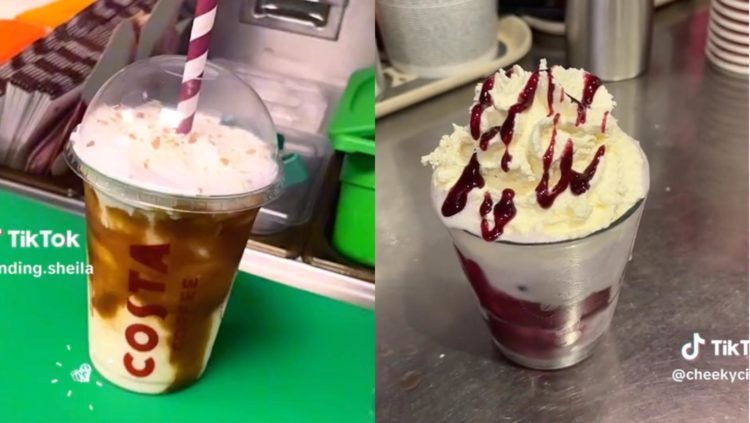 Two TikTok screenshots side by side. First shows Costa Popcorn Frappe on green chopping board in takeaway cup. Next shows Costa Blueberry Bubble Te...