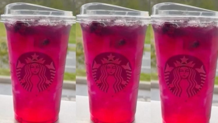 TikTok screenshot duplicated three times. It shows a Starbucks Mango Dragon Fruit refresher drink