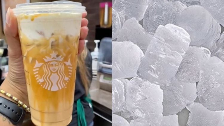 Two TikTok screenshots side by side. First shoes hand holding brown iced coffee in Starbucks takeaway cup up to camera. the second lots pf nugget ice
