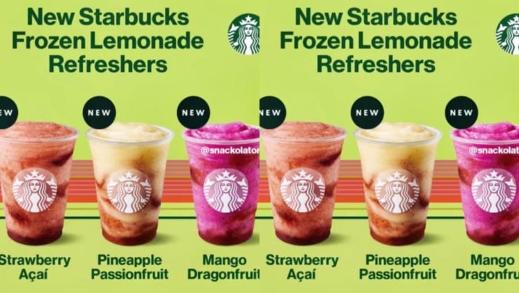 Two TikTok screenshots side by side showing rumoured Starbucks Frozen Lemonage against green background