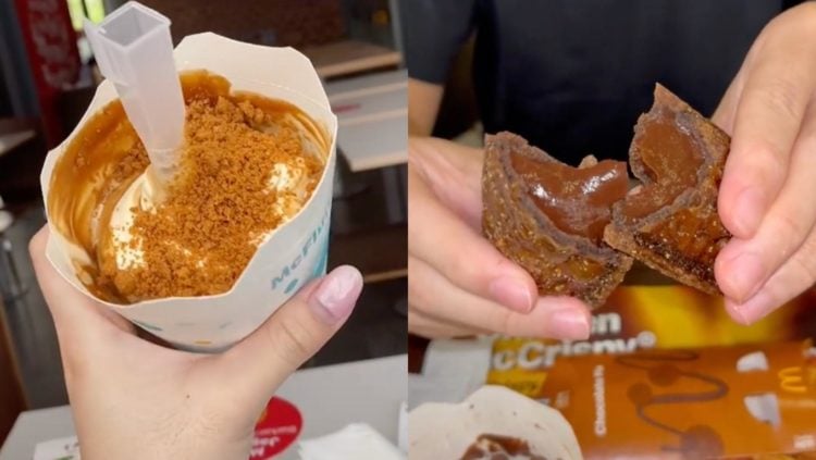 Two TikTok screenshots side by side. First shows McDonald's Biscoff McFlurry, the second McDonald's chocolate pie