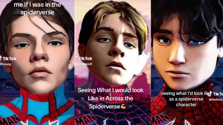 Three TikToks side by side showing the Spiderverse AI filter on three different people