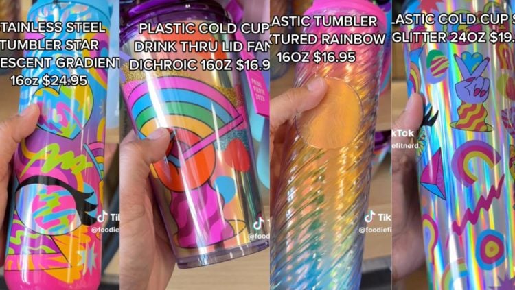 4 TikTok screenshots side by side showing Starbucks pride collection 2023