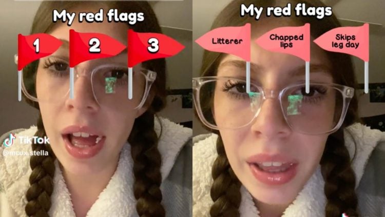 Two TikTok screenshots side by side of young girl in plaits using red flag filter