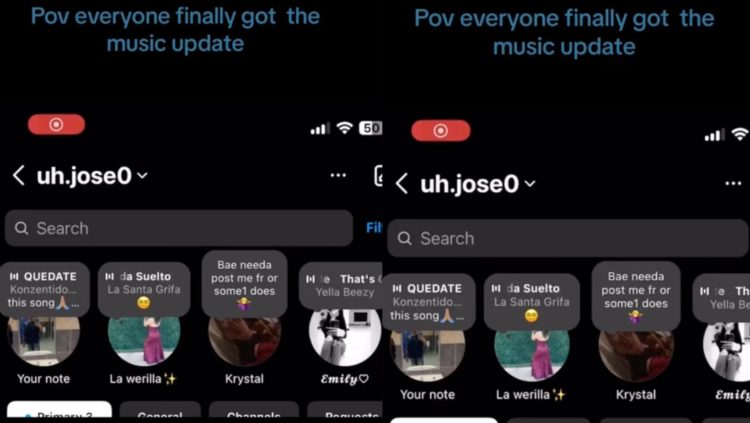 TikTok screenshot duplicated showing Instam notes music feature in dark mode