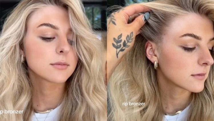 Two TikTok screenshots showing close up od young blonde girl with scandinavian hairline