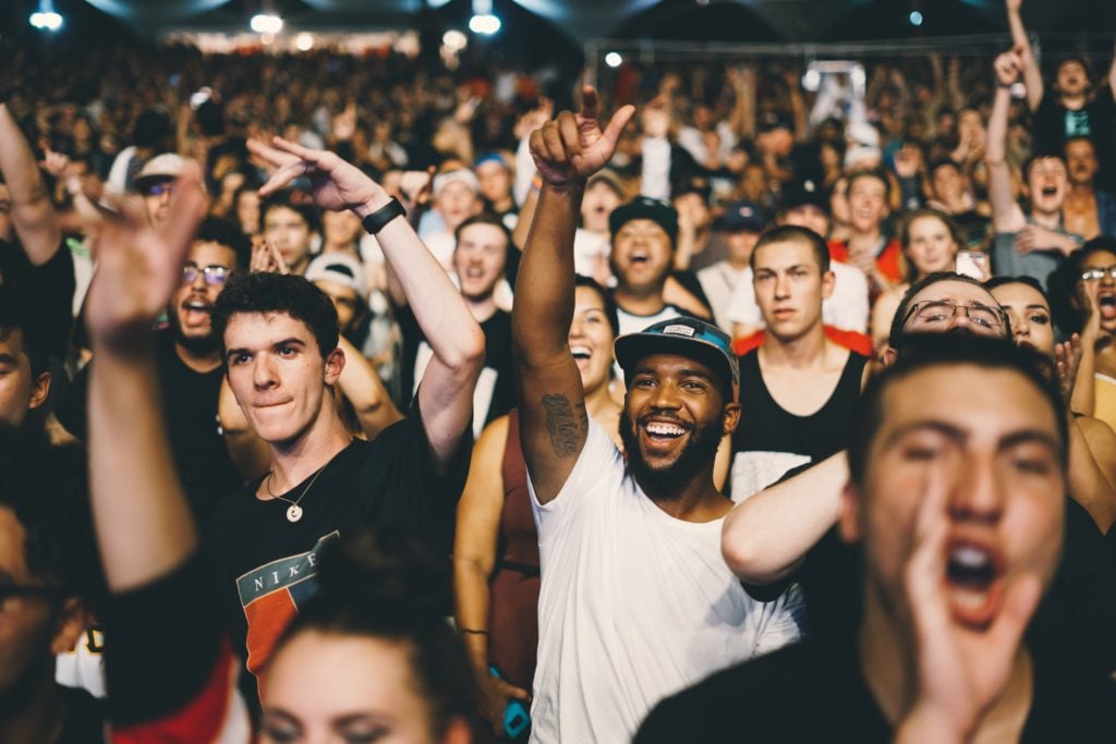 picture facing large concert crowd smiling widely and raising hands in the air